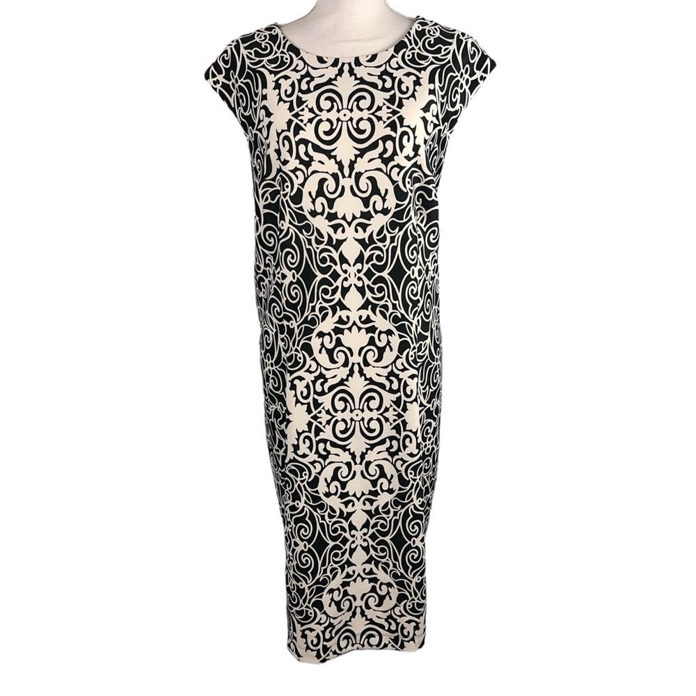 R&K Cap Sleeve Black White Dress Size 16 Stretch Flourish Damask